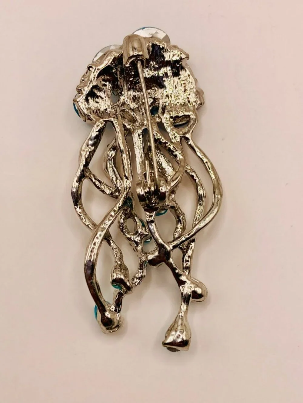 Silver-Tone Jellyfish Brooch Blue Rhinestones & Sparkling Clear Accents -85B
